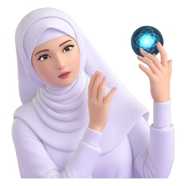 woman with white hijab interacting with holographic metaverse interfaces, augmented reality displays, virtual machine artifacts, digital world sticker