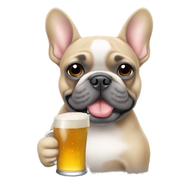 Tan and gray French bulldog holding a beer sticker