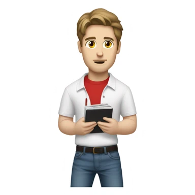 attractive brunette man wearing red polo overtop a white shirt and really baggy jeans looking at records, pale skinned sticker