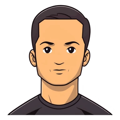 Attractive man in his 40s with youthful appearance, light brown skin, elongated face, defined jawline, medium dark eyes, arched eyebrows, straight nose, handsome friendly expression, short dark hair styled upward, athletic build, wearing a fitted black t-shirt sticker