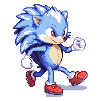 blue hedgehog with red shoes and white gloves, mid-run in a colorful Green Hill Zone with golden rings and motion lines, confident expression sticker