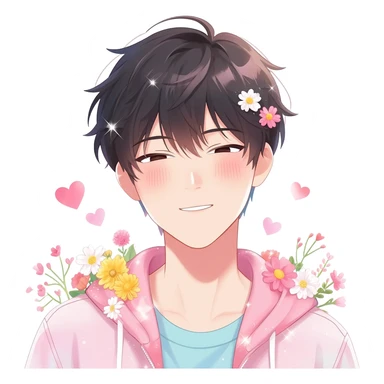 Gorgeous bright sparkly romantic Asian pastel anime guy with blushing face and flowers aesthetic trending style outside sticker