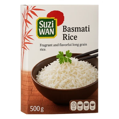 Realistic style white rice box inspired by the reference image, natural details, no background. sticker