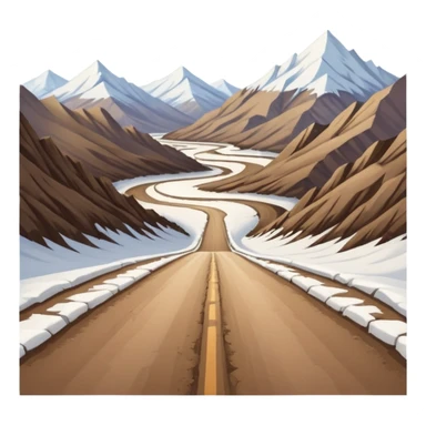 A long STRAIGHT dirt road that disappears into the horizon half way up the screen from the perspective of someone sitting in the middle of the road looking down it. Flat snow fields on both sides of the road with huge looming mountains above the roads horizon line.  sticker