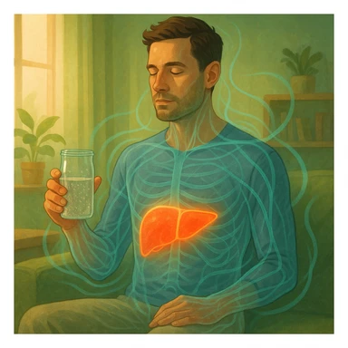 A man in a calm domestic environment, sitting with a transparent bottle or glass in hand containing an Epsom salt solution. He has a focused and aware expression. His body is partially transparent, with the liver highlighted brightly as if in a cleansing phase. Around the body, fluid energetic lines symbolize detoxification. The atmosphere is relaxed and natural, with warm light and green and blue tones representing health and purification. sticker