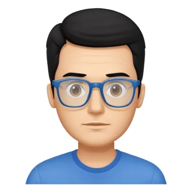 portrait of american man, wearing a blue shirt, square glasses, black hair sticker