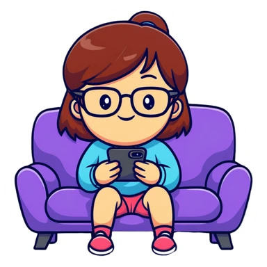 A cute young girl with glasses sitting on a couch, happily playing a mobile phone game with a cheerful expression sticker