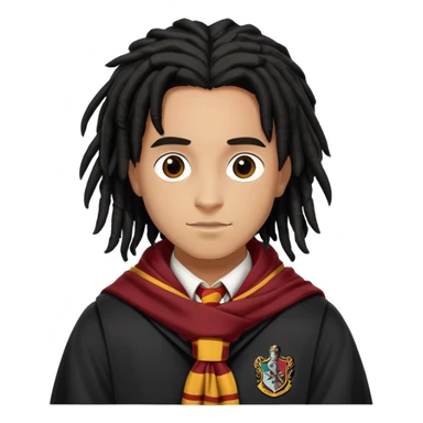 Luke Youngblood is Lee Jordan in harry potter, wear hogwarts uniform, dreadlocks black  hair, gryfindor scarf around neck sticker