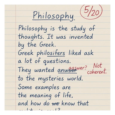 handwritten high school philosophy paper on lined notebook paper, blue or black ink, grade 5/20 circled in red at the top, teacher's comment in red pen, some corrections and underlines sticker