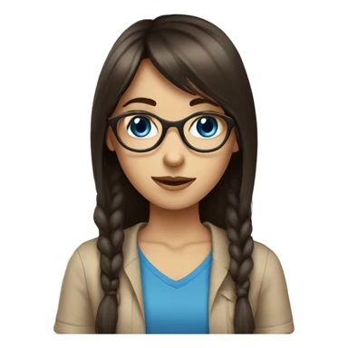 Dark brown long hair bangs girl with blue eyes, in beige shirt and glasses sticker
