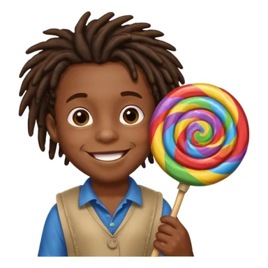 A small black dread lock hair boy holding a giant lollipop, smiling with sticky cheeks. sticker