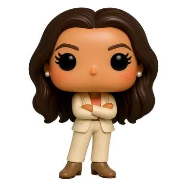 Create a Funko Pop style vinyl figure of Eva Longoria with ultra high quality details: luminous smooth tanned skin, extremely detailed dark hair, hyper-textured feminine cream suit (jacket and pants), small pearly earrings, greige leather boots clearly visible, arms crossed, rosy cheeks, very discreet freckles, eyelashes, mischievous and cheerful expression, no mouth, transparent background. sticker