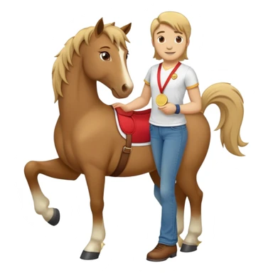 friendly anthropomorphised stallion in jeans and a t-shirt, standard pose, wearing a gold medal sticker