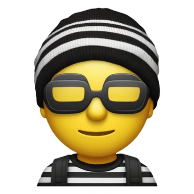 yellow man with blindfold with eyes out black beanie black and white striped shirt sack of money hanging over shoulder sticker