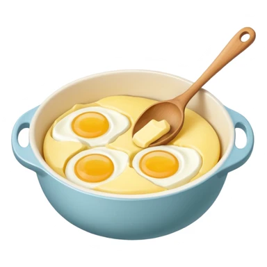 A carton of eggs, butter and a cream ceramic baking bowl with a wooden spoon in it sticker