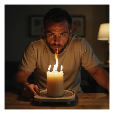hyperrealistic 4K scene of a man blowing out candles and immediately weighing himself on a scale, surprised or worried expression, home environment sticker