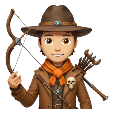 male human monster hunter emoji, wearing brown leather coat and wide hat, holding crossbow, with amulet shaped like skull, Halloween fantasy theme, confident smile, orange scarf, Apple emoji style, clean white background, square image sticker
