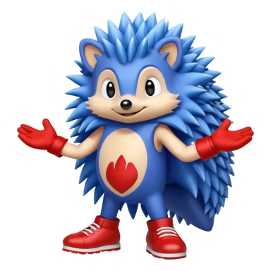 a blue hedgehog that has arms and legs with a tan chest fur, and some gloves and red and white shoes sticker