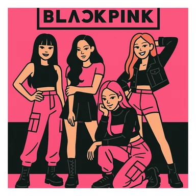 Blackpink K-pop group, pink and black color scheme, modern streetwear outfits, confident group pose, energetic vibe sticker