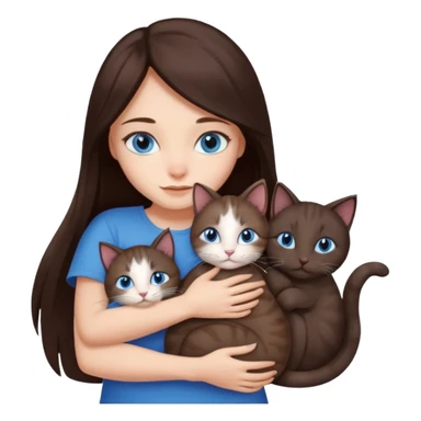 a girl with long dark 
brown hair, with blue eyes, hugs 3 different natural coloured cats sticker