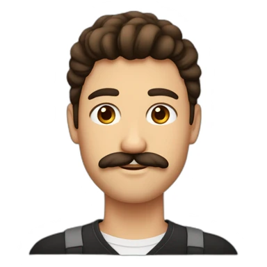 un chico de 22 años con el pelo corto, rizado y café oscuro, con los ojos marrones y bigote sticker