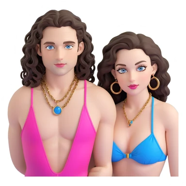 attractive couple on sunny beach, ocean background, curvier woman with fuller figure, big blue-grey eyes, long lashes, pale skin, pink lips, long voluminous dark brown curls, gold hoop earrings, tiny string bikini on her plumper body, next to handsome man with intense blue-grey eyes, chiseled features, pale skin, confident smirk, dark brown styled hair, gold chain, minimalist swimwear, both lounging on sand sticker