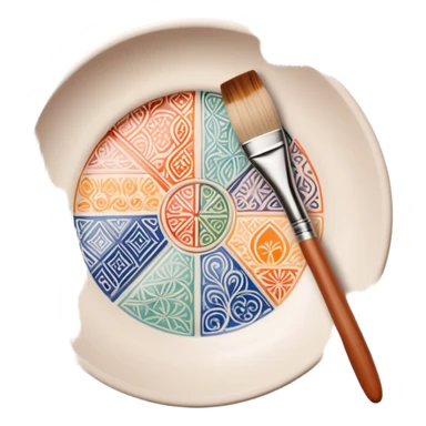 Ceramic painting icon, hand-painted ceramic plate or vase with intricate patterns, visible paintbrush, paint pots, and ceramic tools, colorful glaze, no finished artwork, just the painting process, minimalistic style, clean lines, transparent background. sticker
