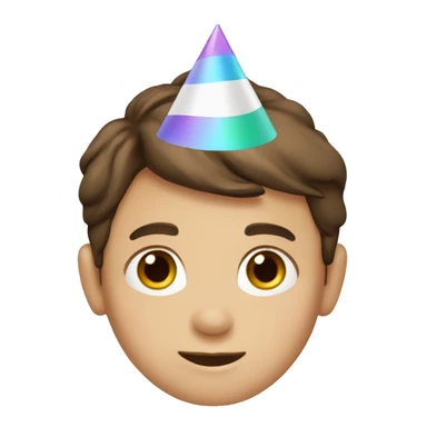 Young Boy, straight brown hair, brown eyes, white skin, birthday party hat sticker