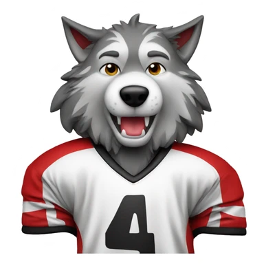A wolf in a hockey uniform in red black and white with sticker