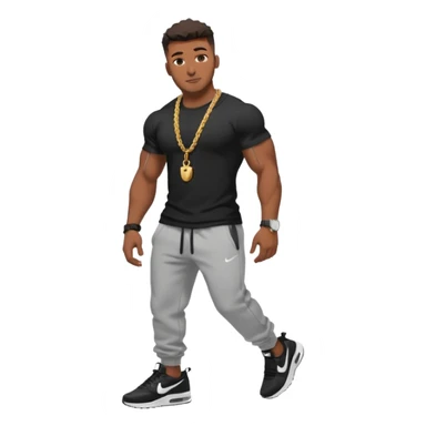 Handsome Black guy with brown skin tone, with muscular build, wearing black sweatpants, a white t-shirt, black Nike air max, a small rope chain, and a watch  sticker