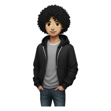 super curly long black hair, white skin teen boy, black hoodie, headphones on neck  sticker