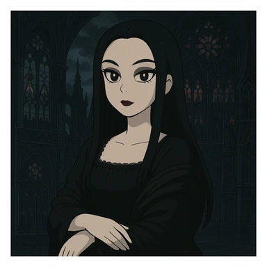 Add a dramatic gothic background featuring gothic architecture, stained glass windows, and a dark, moody atmosphere. Keep Mona Lisa in goth style with appropriate gothic elements. sticker