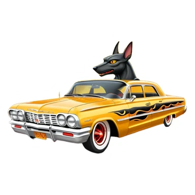 Satan’s streamlined Hot rod custom 1964 impala low rider four door Anubis themed painted hood flaming side-mounted under-door chrome exhaust pipes driving straight to hell  sticker