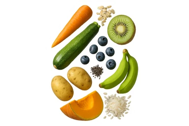 carota, fiocchi di avena, zucchine, kiwi, mirtilli, semi di chia, patate, banane acerbe, zucca, riso fluttuano in aria verticalmente, iperrealistici 4k sticker