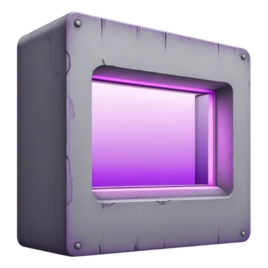 Minimalist gray concrete panel building with one window glowing bright purple from grow lights inside, simple rectangular structure sticker