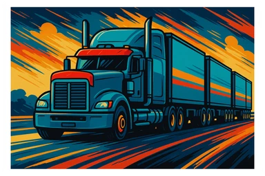 A road train: a cyan semi truck with four trailers, red bug shield, stylized and bold. sticker