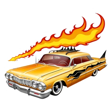Satan’s streamlined Hot rod custom 1964 impala low rider four door Anubis themed painted hood flaming side-mounted chrome exhaust pipes driving straight to hell  sticker