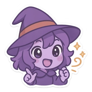 Purple Chibi stickers, cute witch hat, playful and magical, Chibi style sticker