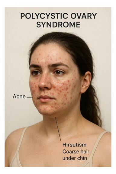 realistic 3D medical style image of a woman with PCOS, acne on face and hair under chin, clinical details, neutral background, aspect ratio 2:3 sticker