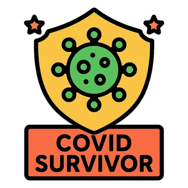 colorful badge icon with a shield and virus symbol, text 'COVID Survivor', celebratory style sticker