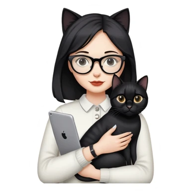 Голая по пояс женщина обнимает черного кота в очках, одном сапоге и с айпадом в лапках sticker