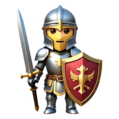 Clash of Clans aesthetic: Cinematic Playful Armored Knight Hero Emoji, rendered in a 3D vector-style similar to standard emojis with minimal shading and bold, simplified shapes. A compact, isometric warrior clad in gleaming plate armor with intricate heraldic details, softly glowing with a chivalrous medieval charm. Simplified yet unmistakably iconic, highly detailed and consistent, glowing with a soft radiant shine and high polish. Stylized with a touch of noble valor and a soft glowing outline, capturing the essence of a gallant knight ready for honorable battle with a friendly, playful manner! sticker