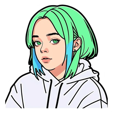 8k, 5000x5000px resolution, clean, smooth, thin lines, ultra detailed, hyperrealism, celebrity, singer Billie Eilish 2025. Glossy appearance, clean thin lines, vivid, clean appearance.  sticker