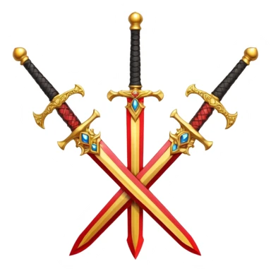 Two crossed swords that are golden in blade and handle and have fiery and royal appearence to them as well as red gem stones yellow in color sticker