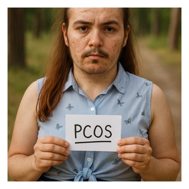 Realistic woman with PCOS inspired by the reference photo, face with acne, facial hair, thin hair, similar clothing, natural environment, hyperrealistic 4K details. sticker