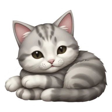 1 grey and white small cat with its eyes closed lying down leaning on its elbow with its paw curled under his head holding it up sticker
