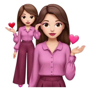  emoji, inspired with brunette hair, brown eyes, long hair, heart shape lips and pink make up  and pink nails, mauve pink blush and brown wide leg pants, burgundy shoulder drop shirt, brown heels , princess hair, brown heels  sticker