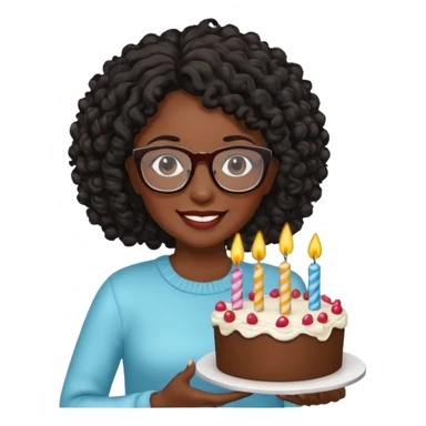 A Black woman with curly black hair and glasses holding a birthday cake. Can you make it a more basic emoji? sticker