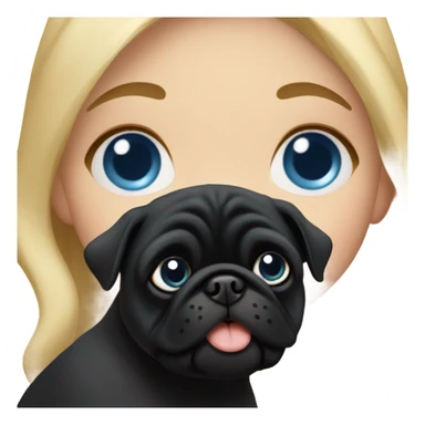 Girl with wavy blonde hair and blue eyes kissing a black pug sticker
