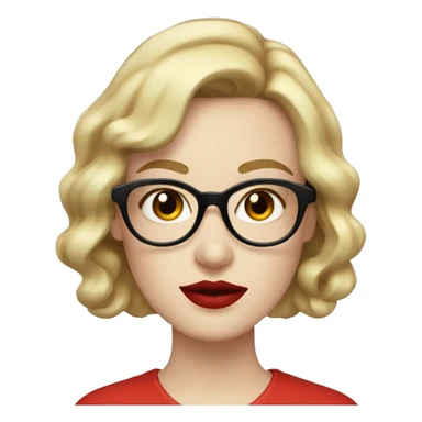 Woman with red wavy bobcut and black cateye glasses, pale skin and red lipstic sticker